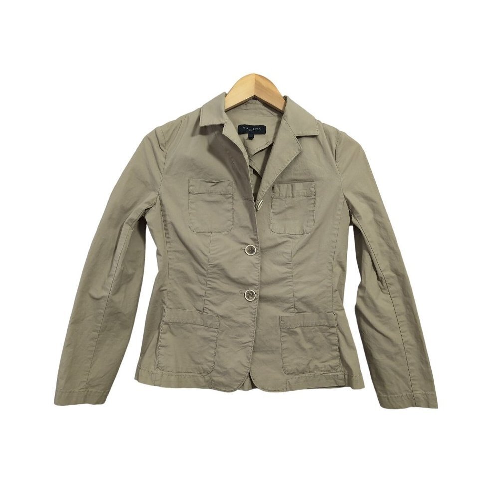 Talbots Blazer Womens 2 Petite Khaki Cotton Blend‎ Stretch Unlined 3 Button